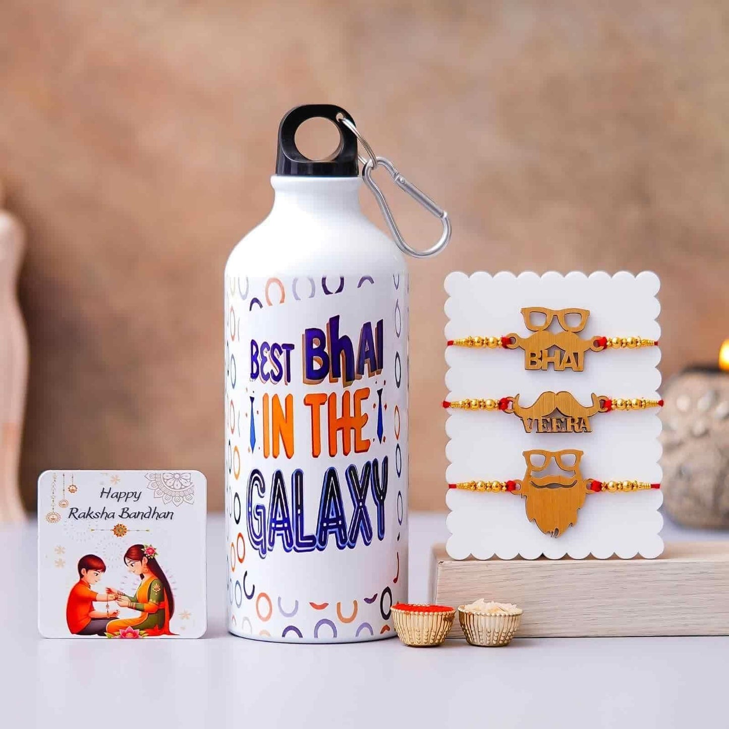 Best Bhai in the Galaxy Bottle with 3 Rakhis